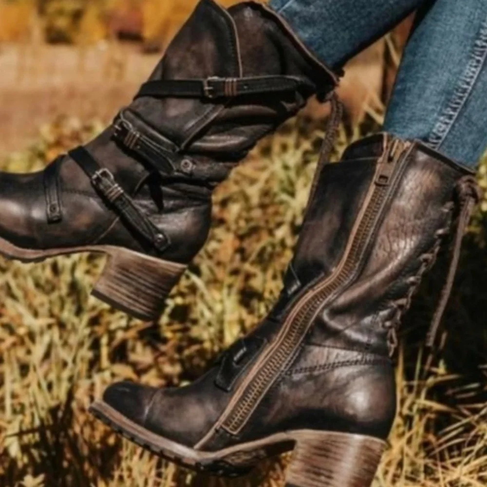 Freebird by Steven Steve Madden Cora Boho Distressed Buckle Lace Up Slouch Boots - Picture 2 of 7